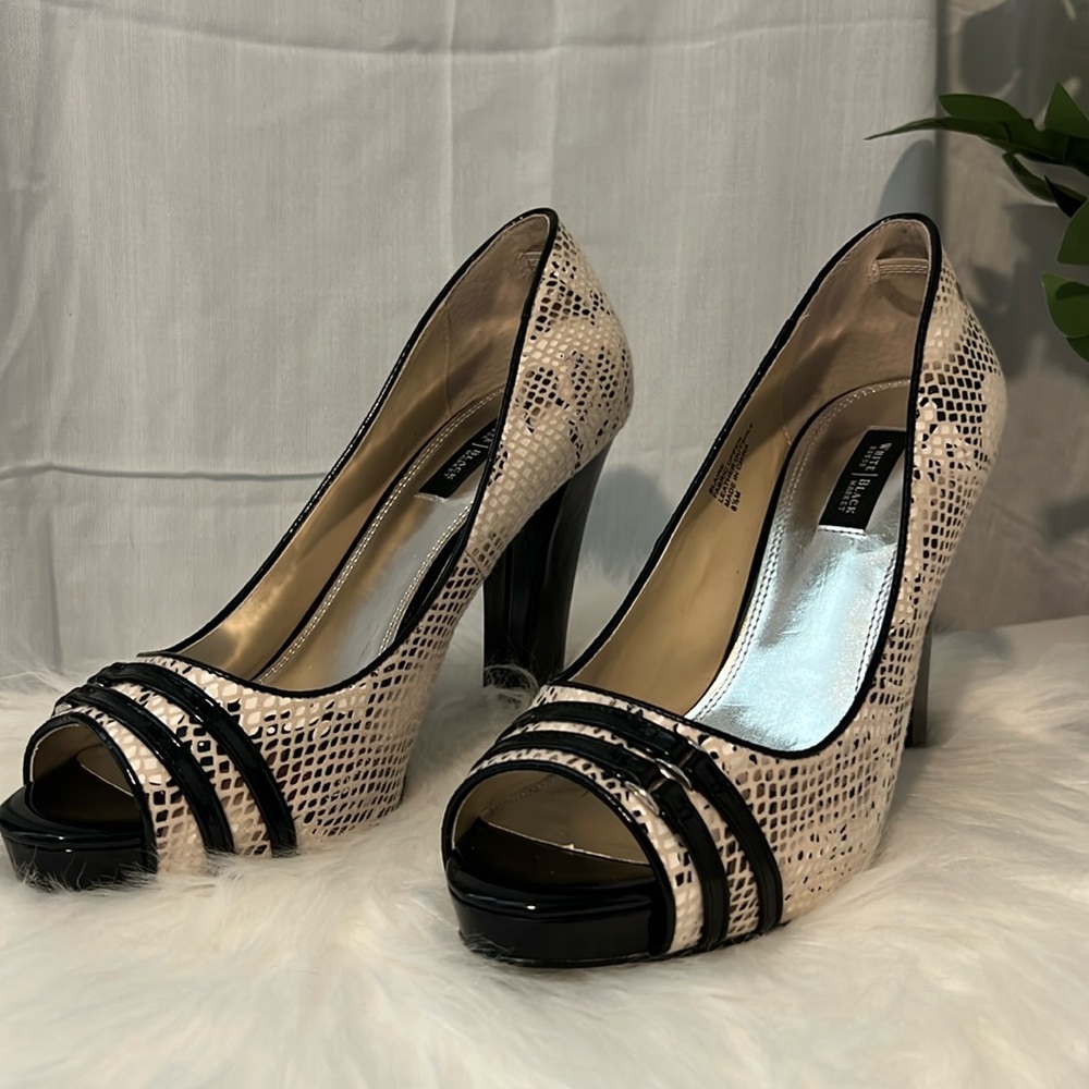 White House Black Market Cream Snake-Print Peep-Toe Heels with Black Trim